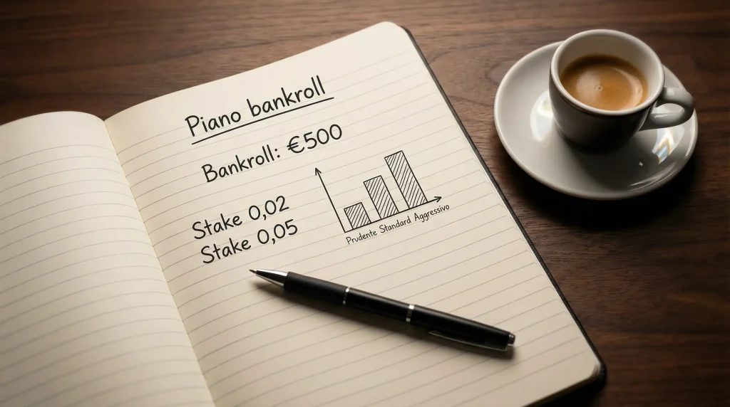 Quaderno aperto con una strategia di gestione del budget per scommesse sportive scritta a mano
