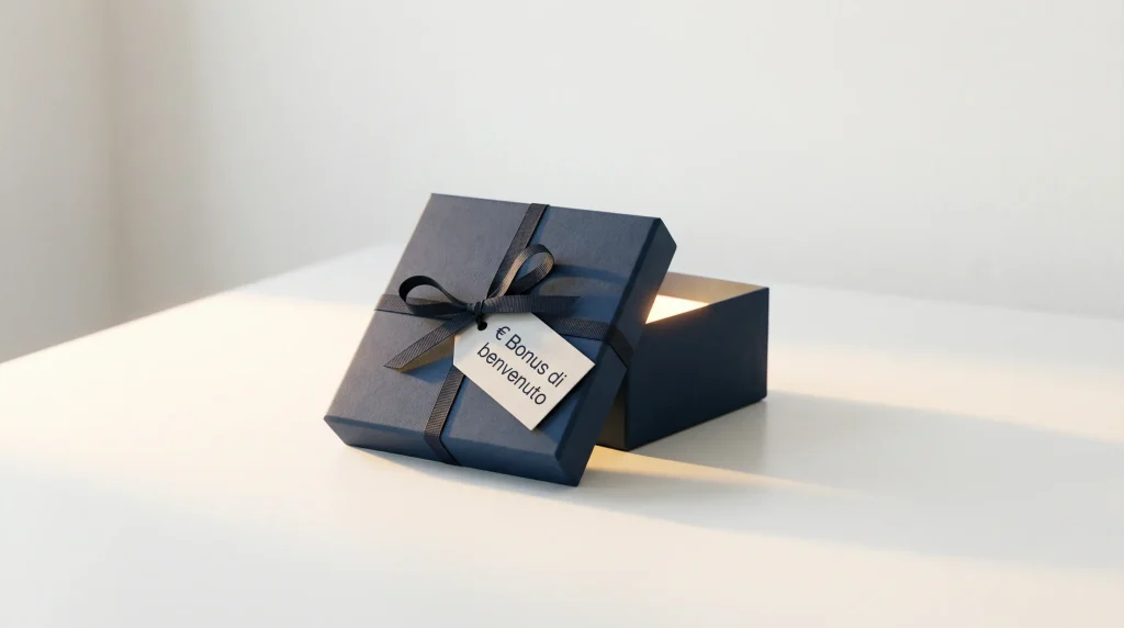 Pacchetto regalo stilizzato con il simbolo € su una scrivania, concetto di bonus di benvenuto