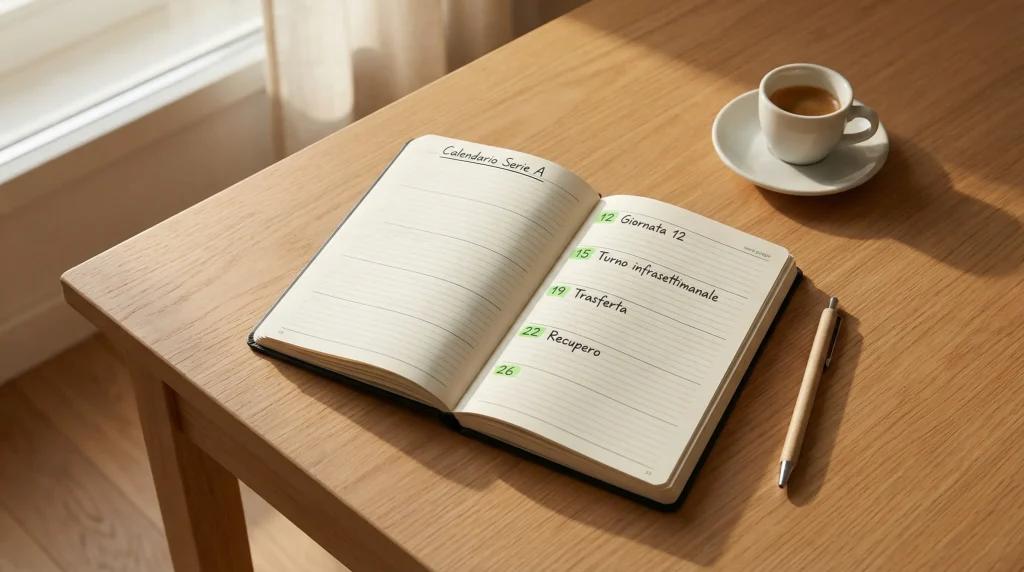 Planner settimanale aperto su una scrivania con date di giornate di Serie A evidenziate a mano