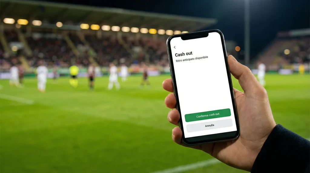Mano che preme un pulsante verde su uno smartphone durante una partita di calcio dal vivo