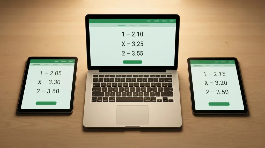 Tre schermi affiancati su una scrivania che mostrano quote diverse per la stessa partita di calcio