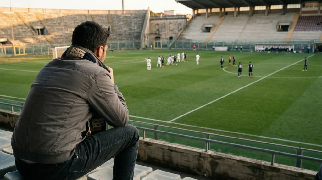 Tifoso allo stadio che osserva il campo con due possibili esiti della partita davanti a sé