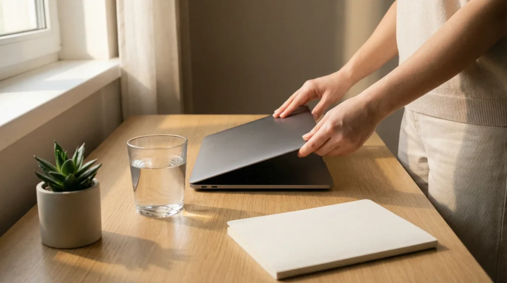 Persona che chiude serenamente un laptop su una scrivania ordinata, simbolo di controllo e consapevolezza