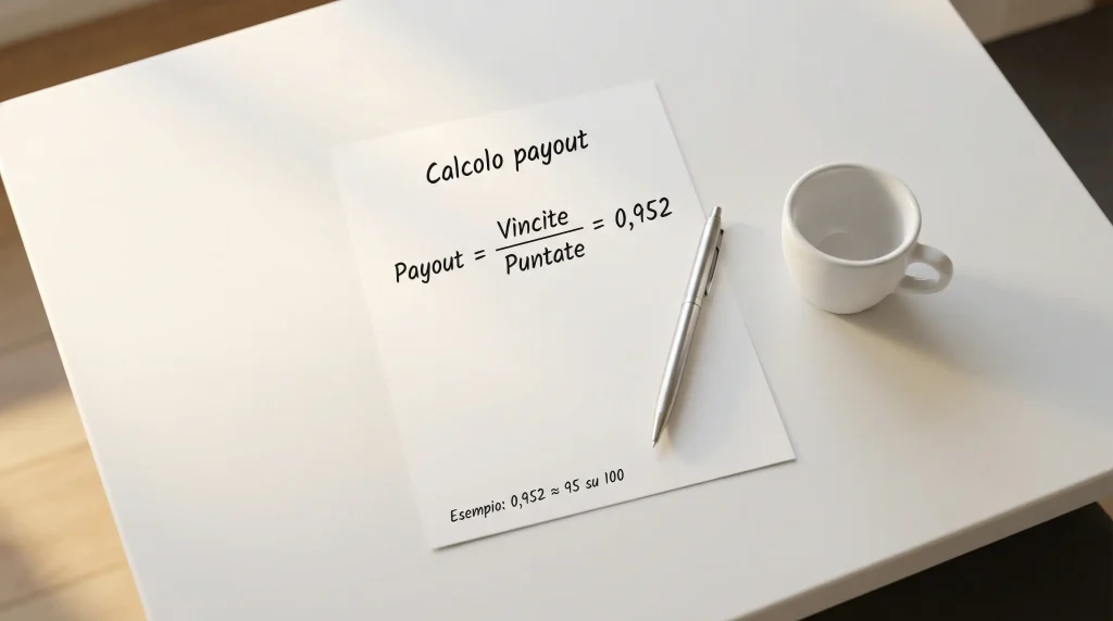 Foglio con formula di calcolo del payout e una penna su una scrivania ordinata