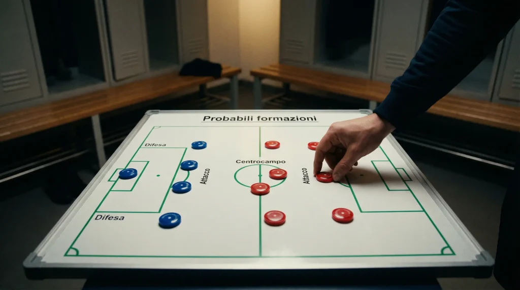 Lavagna tattica da calcio con schema di formazione e pedine colorate in uno spogliatoio