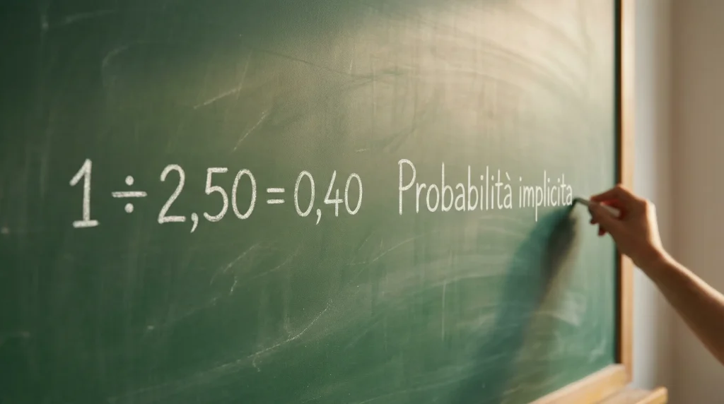 Lavagna con quota decimale e formula di probabilità implicita per scommesse sul calcio