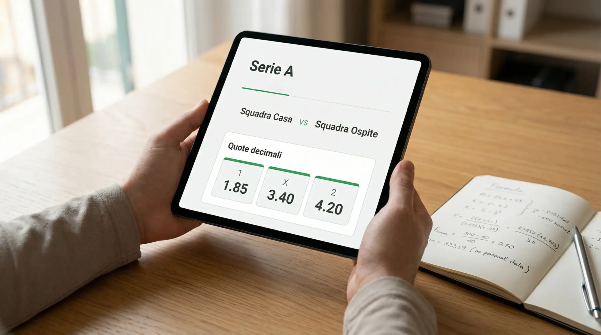 Tabellone con quote decimali di una partita di Serie A e calcolo della probabilita implicita