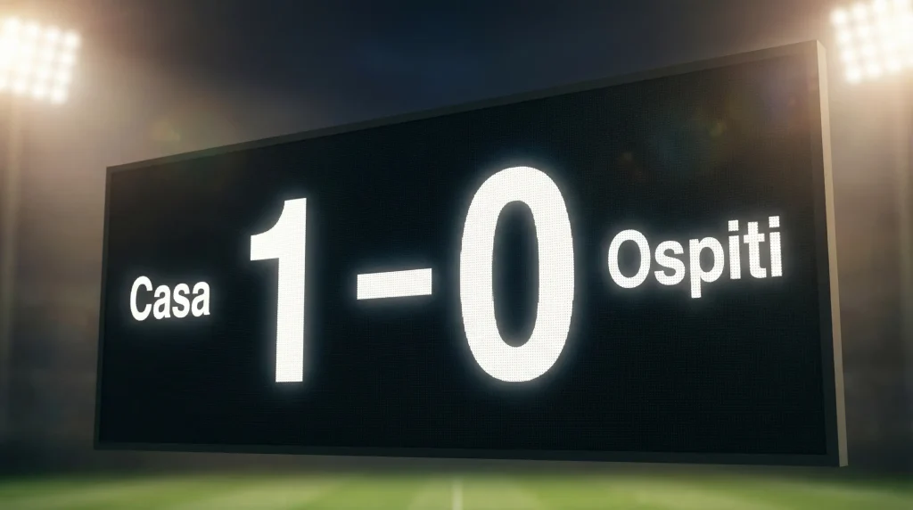 Primo piano di un tabellone luminoso che mostra il punteggio 1-0 in uno stadio di calcio italiano