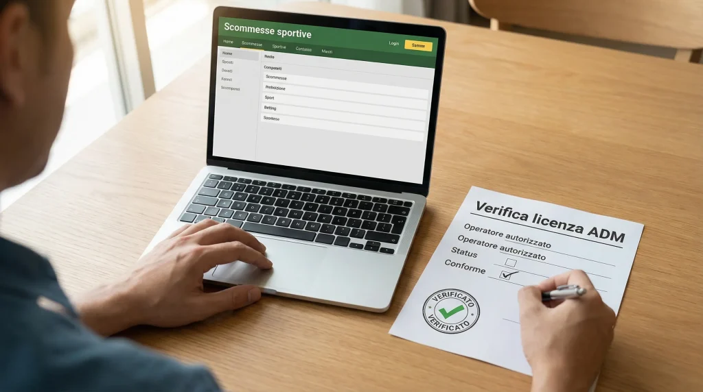 Persona che confronta siti di scommesse su un laptop con un documento di verifica accanto