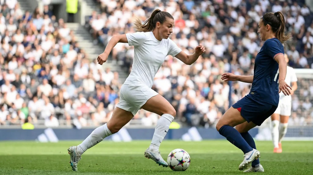 Calciatrice in azione su un campo da calcio in erba durante una partita della Serie A femminile