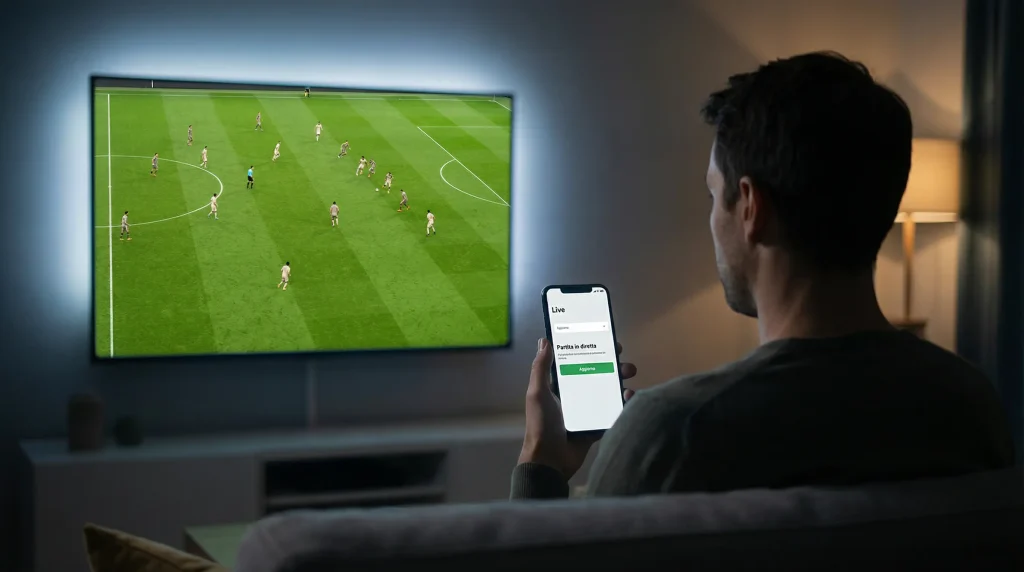 Persona che guarda una partita di calcio in diretta su un grande schermo tenendo in mano uno smartphone