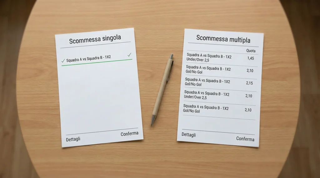 Due schedine di scommesse sportive affiancate su un tavolo, una con una sola selezione e una con più selezioni
