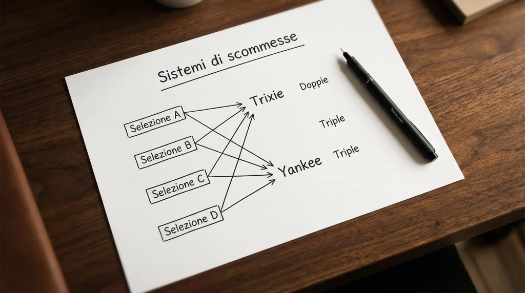 Schema a mano su un foglio bianco che collega più selezioni di scommesse con linee e frecce