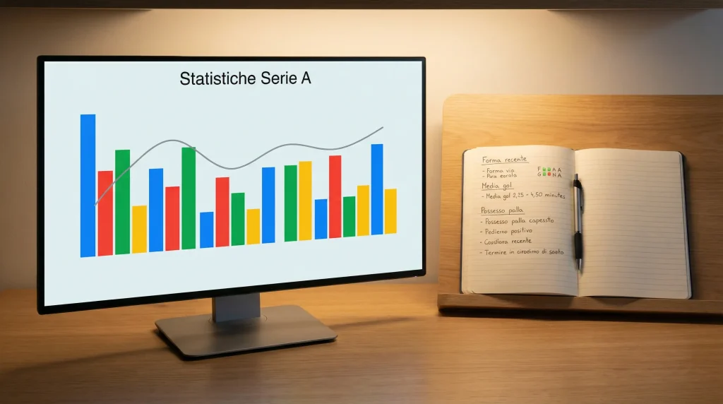 Monitor con grafici statistici di calcio affiancato da un taccuino con appunti scritti a mano