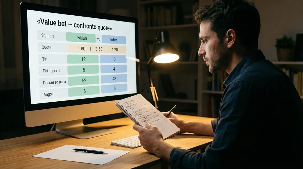Analista sportivo che confronta statistiche di calcio su un monitor con appunti alla mano